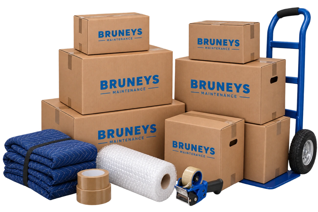 Bruneys Maintenance moving boxes stacked beside a sack truck, with a moving blanket, bubble wrap, packing tape and a tape gun