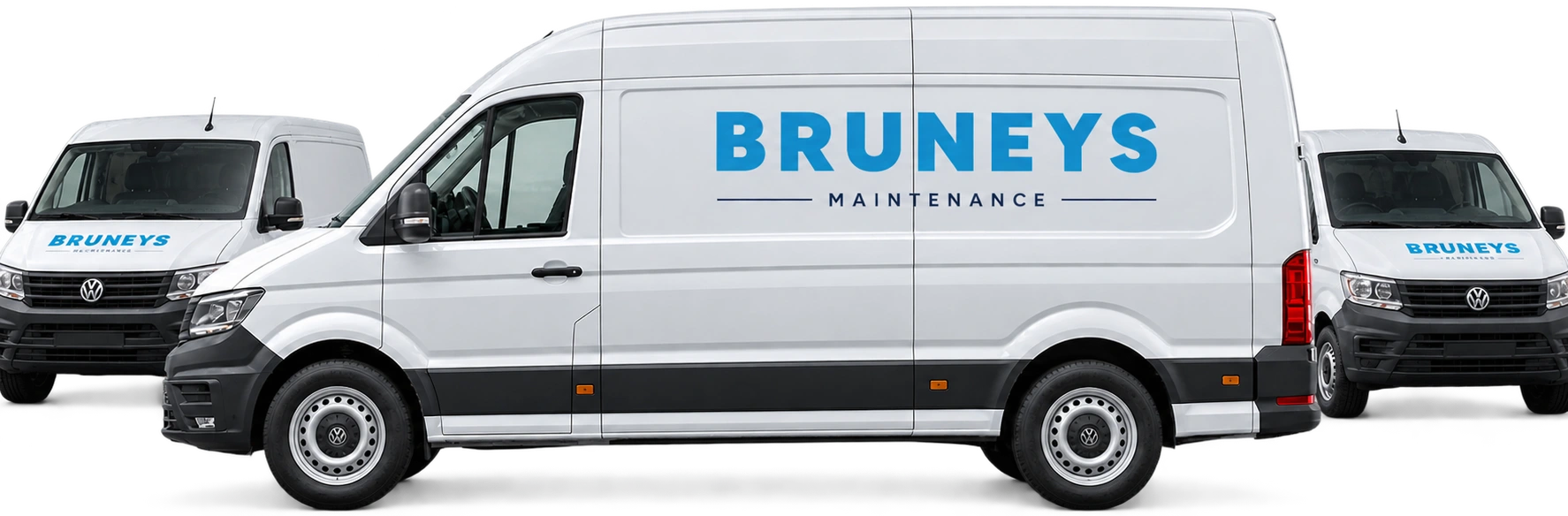 Three Bruneys Maintenance vans, the nearest in profile with the wordmark along its side