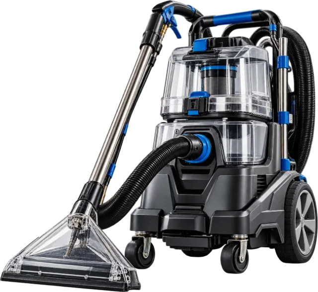 A hot-water extraction carpet cleaning machine with a clear hand tool