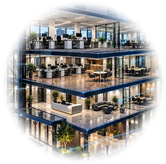 Cutaway of a four-storey office building showing reception, open-plan floors and meeting rooms