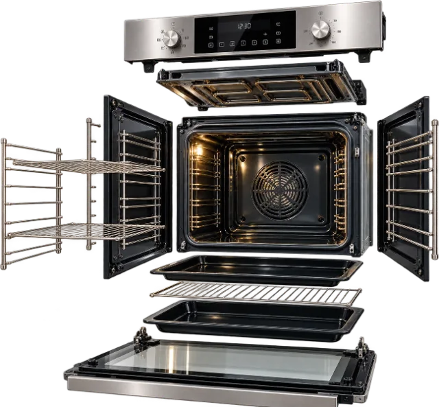 A built-in oven shown stripped down to its door, shelves, trays and liners