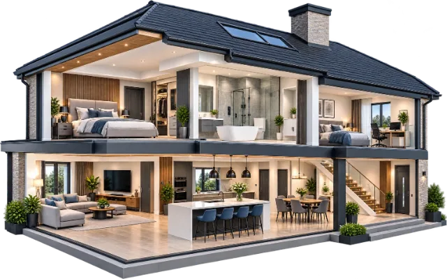 Cutaway of a two-storey home showing the living room, kitchen, bedrooms and bathroom