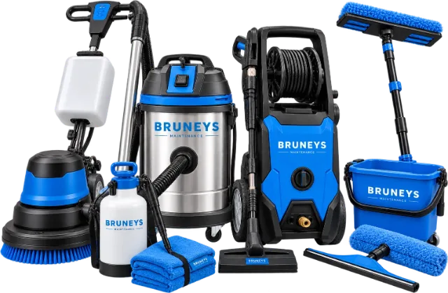 The full Bruneys equipment line-up: floor scrubber, wet vacuum, pressure washer, window pole, sprayer and bucket